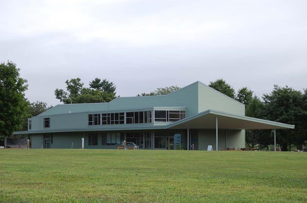 Photograph of a new school building designed by Charles Rose Architects and constructed by Integrity Development & Construction in Hadley, MA.