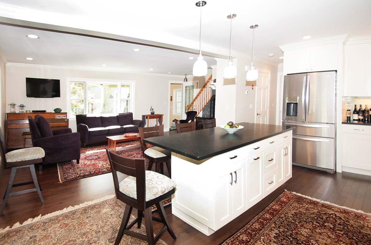 Interior photograph of a kitchen, bathroom, and living space renovation completed by Integrity Development & Construction in Whately, MA.