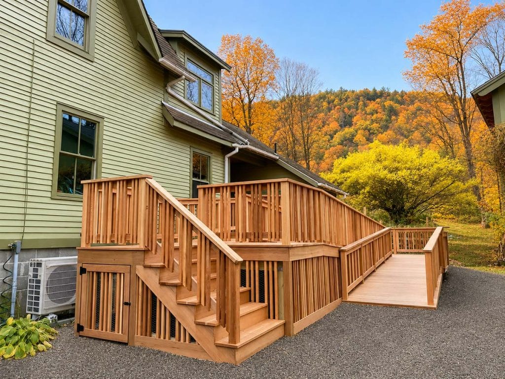 Photograph of a custom cedar ADA accessibility ramp built by Integrity Development & Construction in Buckland, MA.