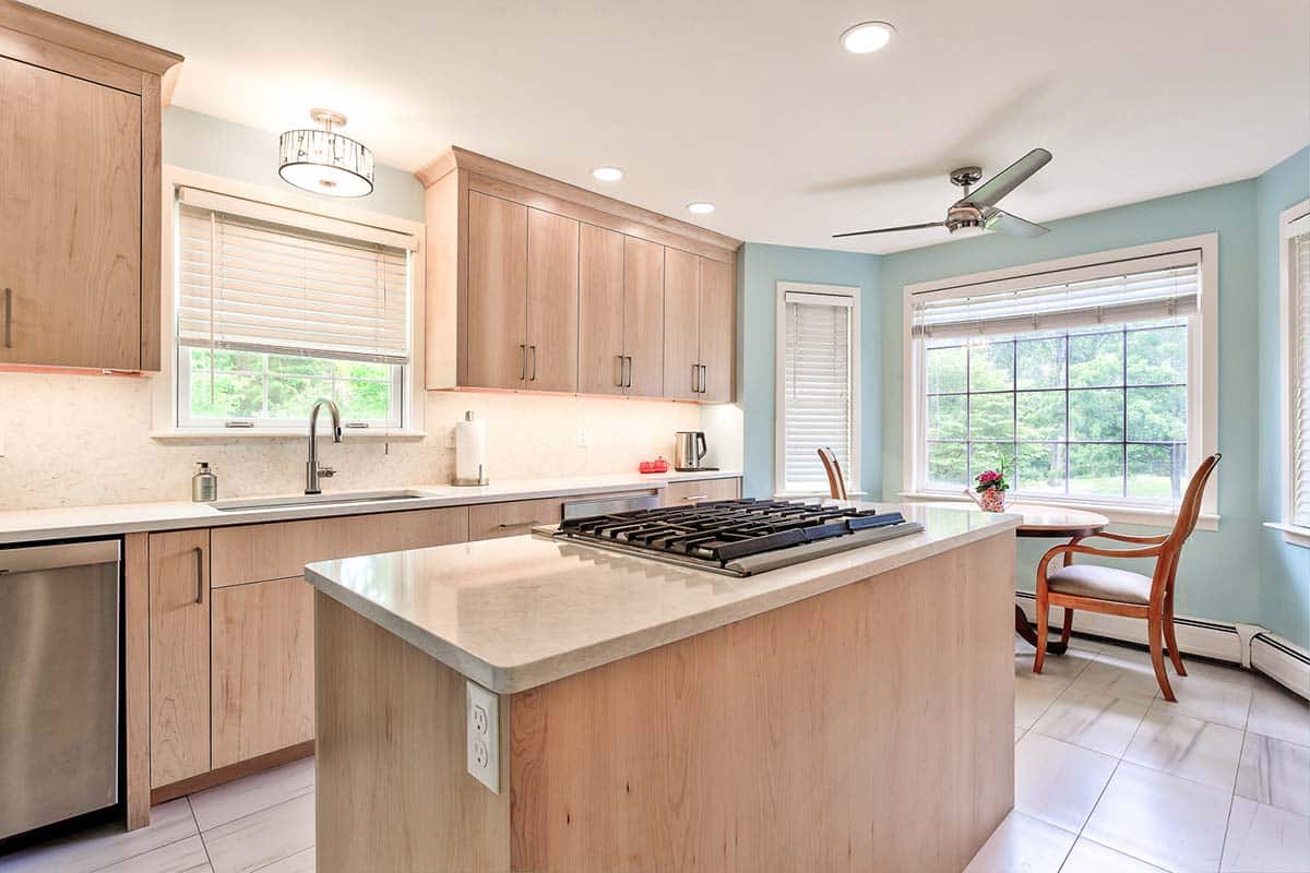 Interior photograph of a kitchen and bathroom remodeling project completed by Integrity Development & Construction in Amherst, MA.