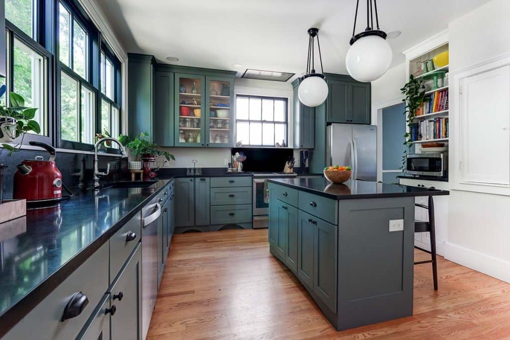 Photograph of a kitchen, bathrooms, and entry hall renovation completed by Integrity Development & Construction in Amherst, MA.