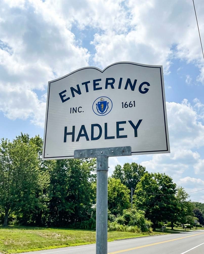 Entering Hadley Massachusetts sign welcoming visitors